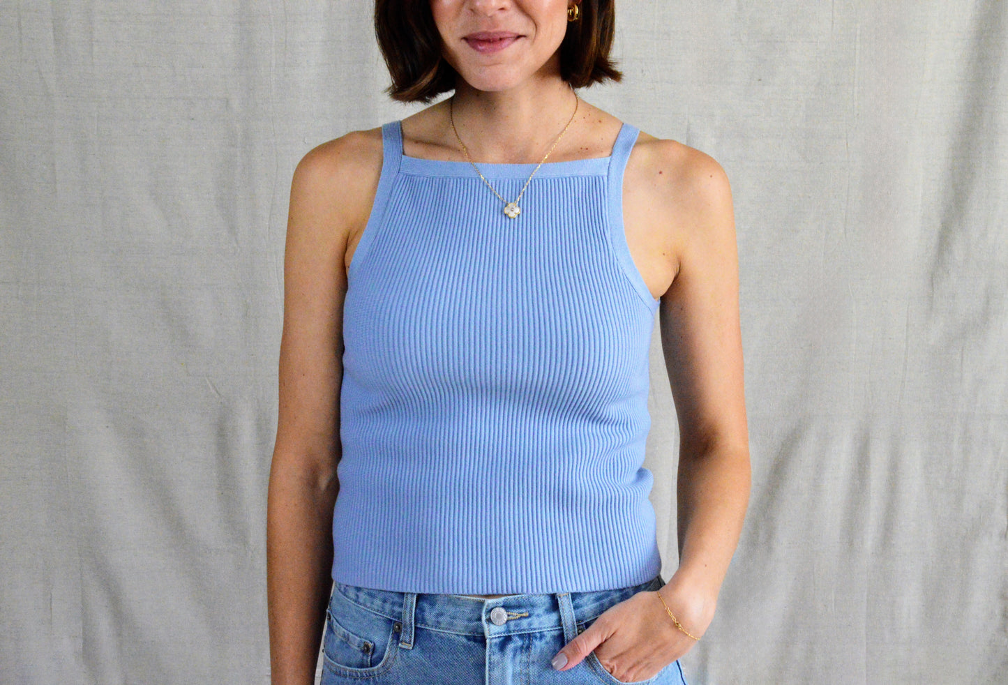 Como Ribbed Tank-Blue